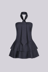 Strapless pinstripe mini dress with attached necktie strap at the collar