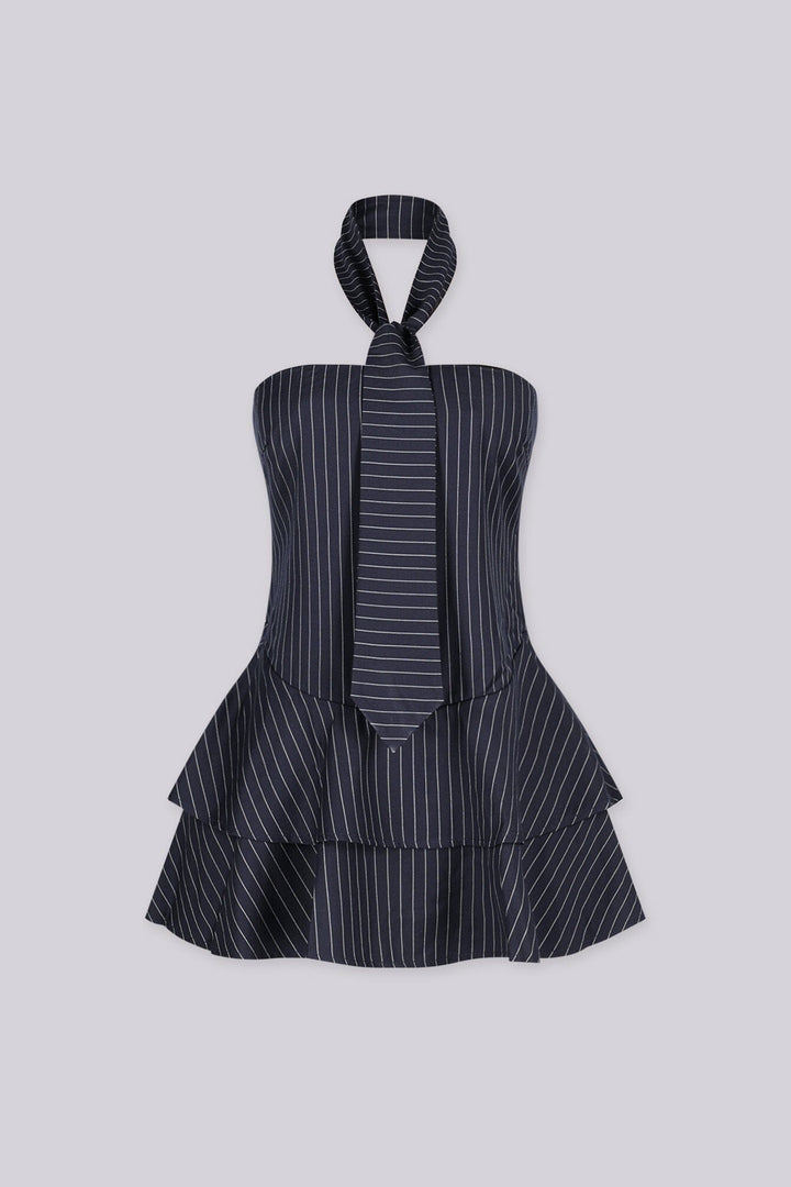 Strapless pinstripe mini dress with attached necktie strap at the collar