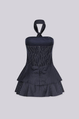 Strapless pinstripe mini dress with attached necktie strap at the collar
