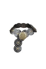 EDGE — black leather concho belt with antique gold studded discs, flat lay