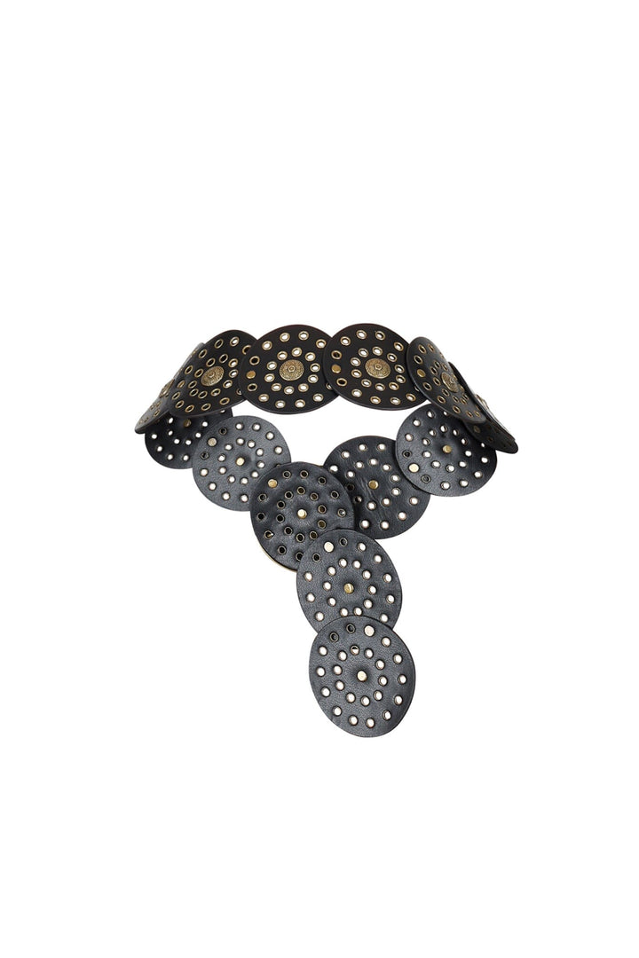 EDGE — black leather concho belt with antique gold studded discs, alternate angle flat lay