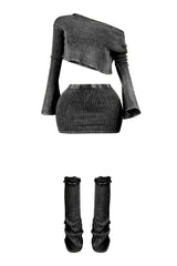 Mineral washed ribbed knit long sleeve crop top featuring asymmetrical neckline, Matching low rise skirt and leg warmers