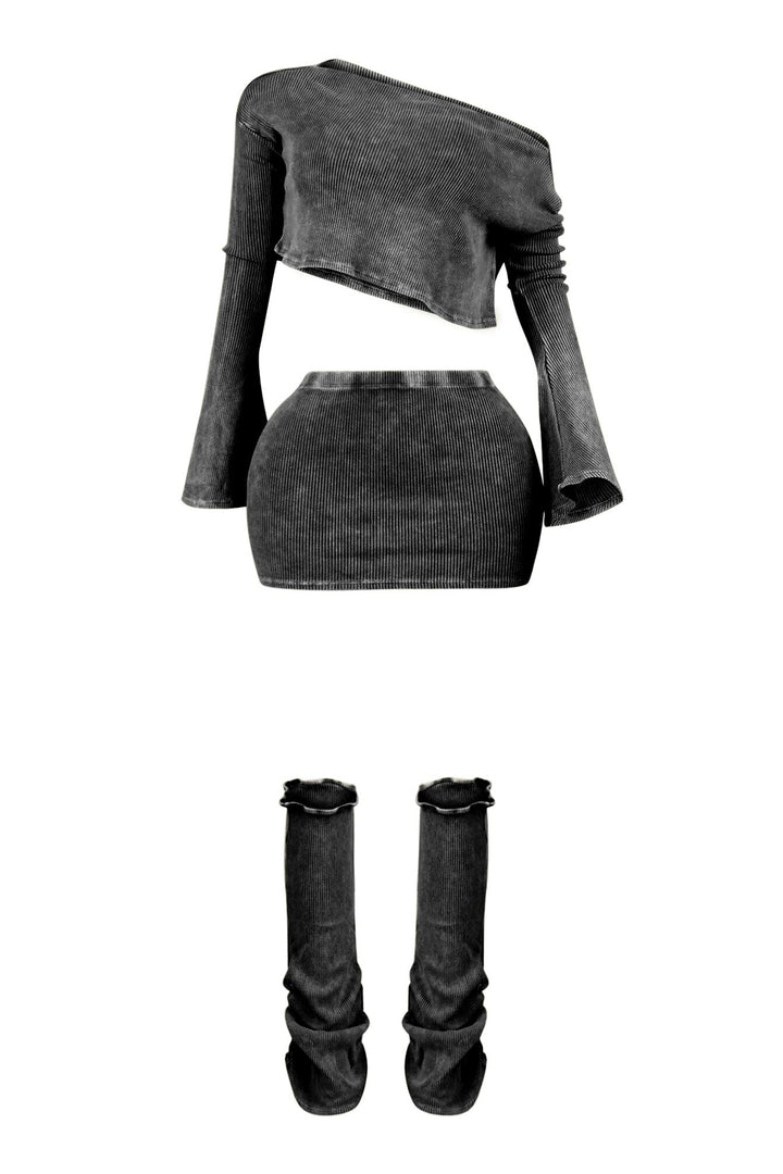 Mineral washed ribbed knit long sleeve crop top featuring asymmetrical neckline, Matching low rise skirt and leg warmers
