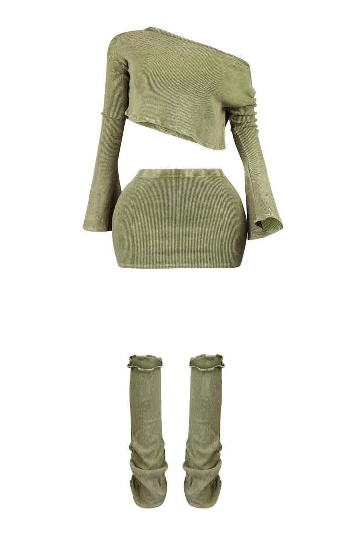 Mineral washed ribbed knit long sleeve crop top featuring asymmetrical neckline, Matching low rise skirt and leg warmers