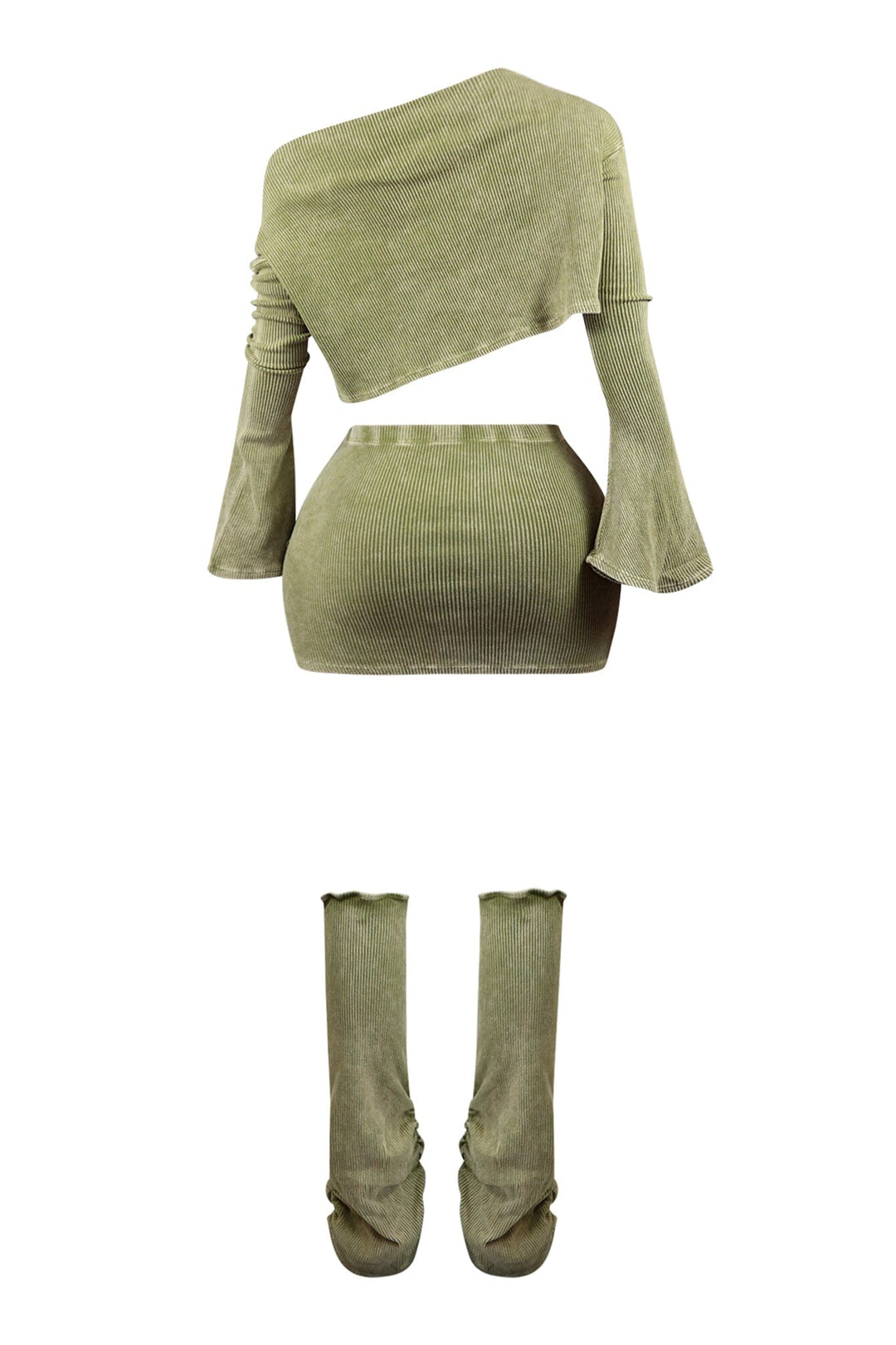 Mineral washed ribbed knit long sleeve crop top featuring asymmetrical neckline, Matching low rise skirt and leg warmers