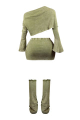 Mineral washed ribbed knit long sleeve crop top featuring asymmetrical neckline, Matching low rise skirt and leg warmers