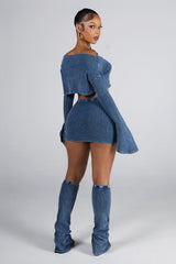 Mineral washed ribbed knit long sleeve crop top featuring asymmetrical neckline, Matching low rise skirt and leg warmers