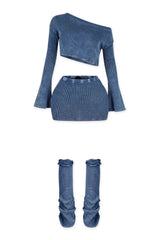 Mineral washed ribbed knit long sleeve crop top featuring asymmetrical neckline, Matching low rise skirt and leg warmers