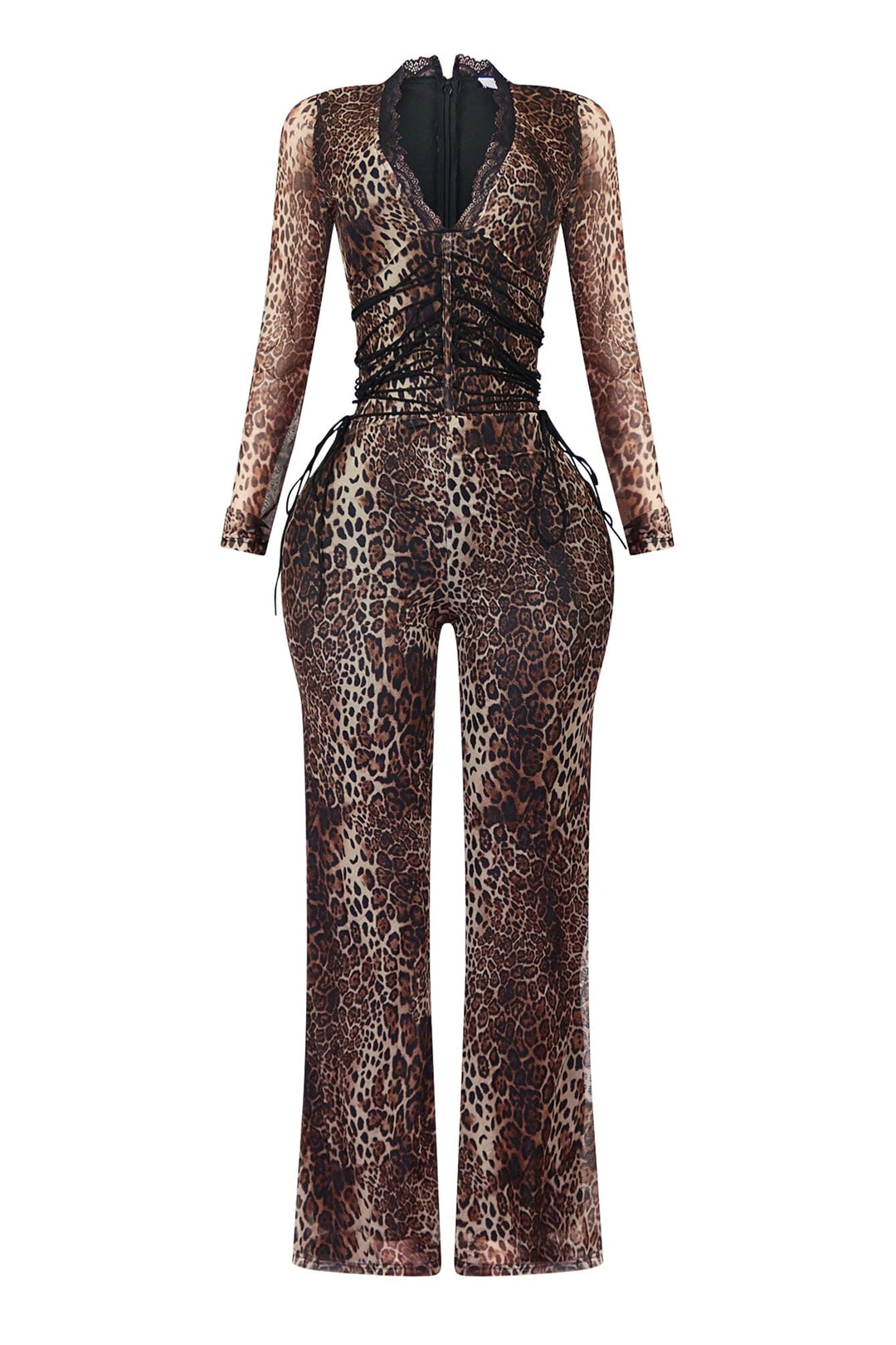 EDGE — brown leopard mesh jumpsuit, front view flat lay
