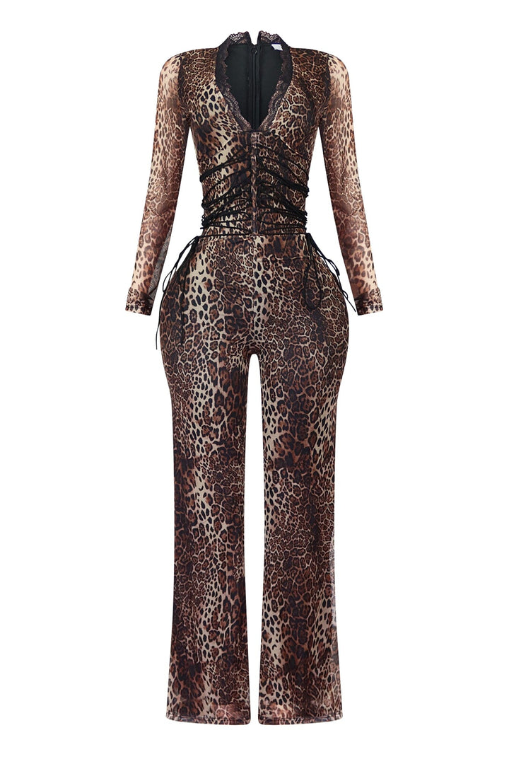 EDGE — brown leopard mesh jumpsuit, front view flat lay