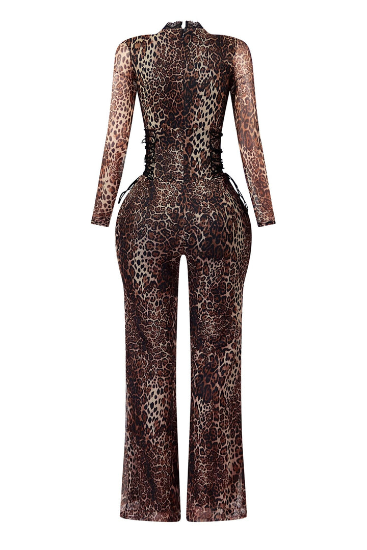 EDGE — brown leopard mesh jumpsuit, back view flat lay