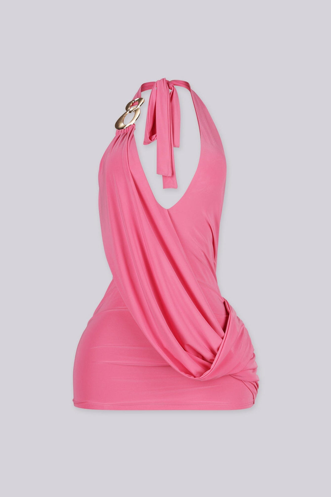 Halter mini dress with deep plunging V neckline featuring gold tone interlocking ring hardware and jersey draping detail