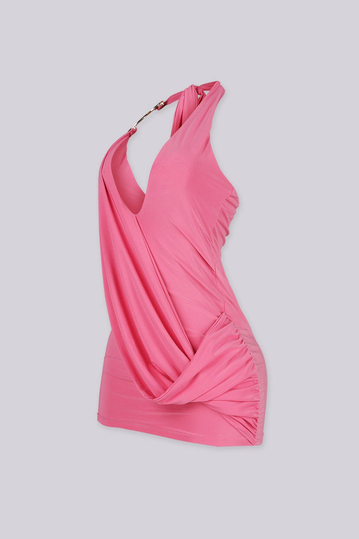 Halter mini dress with deep plunging V neckline featuring gold tone interlocking ring hardware and jersey draping detail
