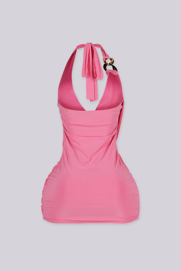 Halter mini dress with deep plunging V neckline featuring gold tone interlocking ring hardware and jersey draping detail