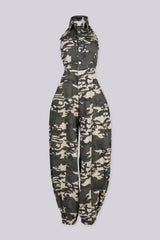 EDGEBYKS - Camo print jogger jumpsuit with a button front closure and open back design, front view