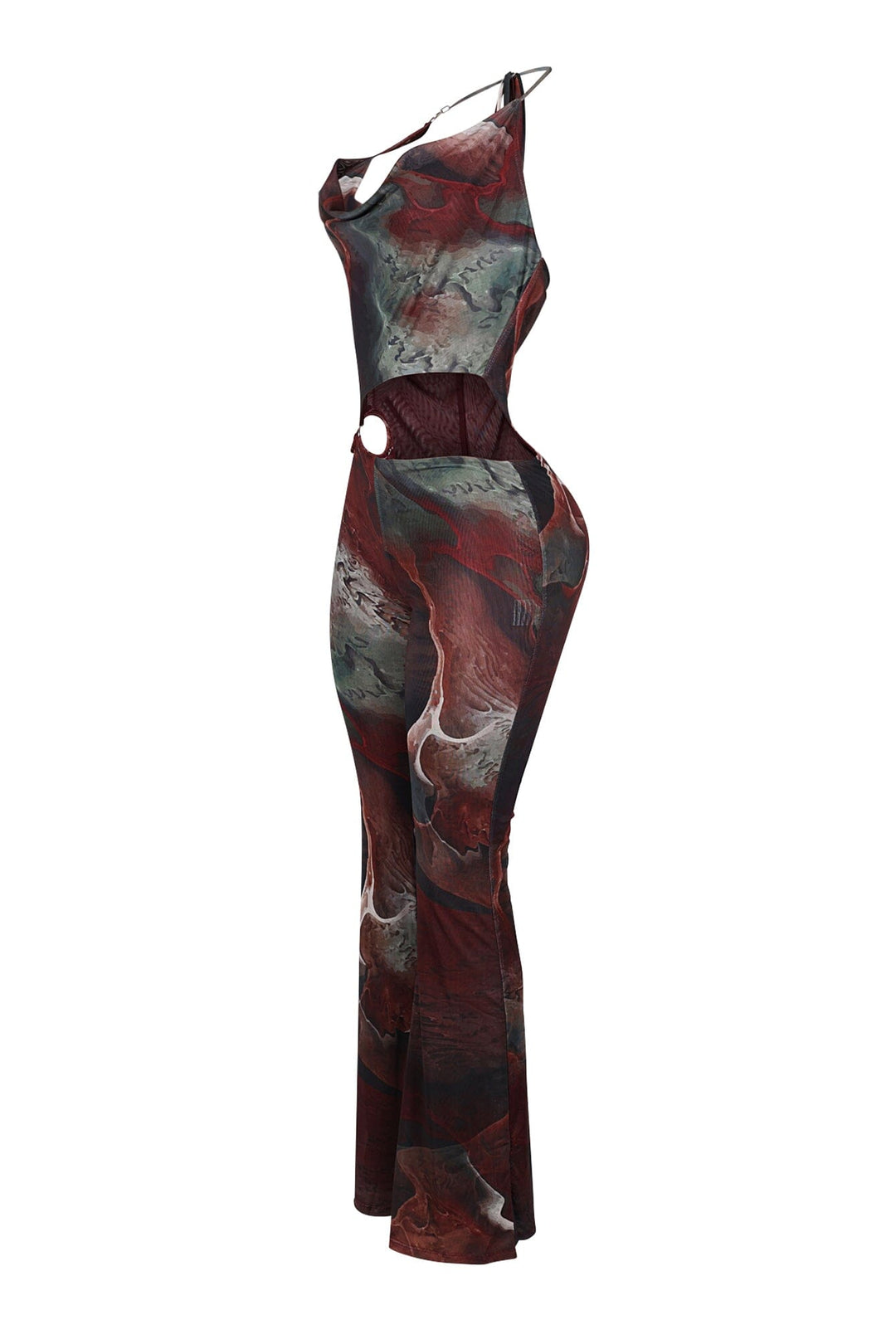 EDGE — burgundy mesh print cutout halter jumpsuit, side view flat lay