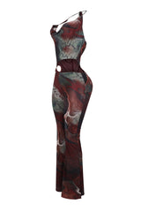 EDGE — burgundy mesh print cutout halter jumpsuit, side view flat lay