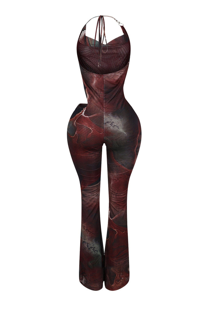 EDGE — burgundy mesh print cutout halter jumpsuit, back view flat lay