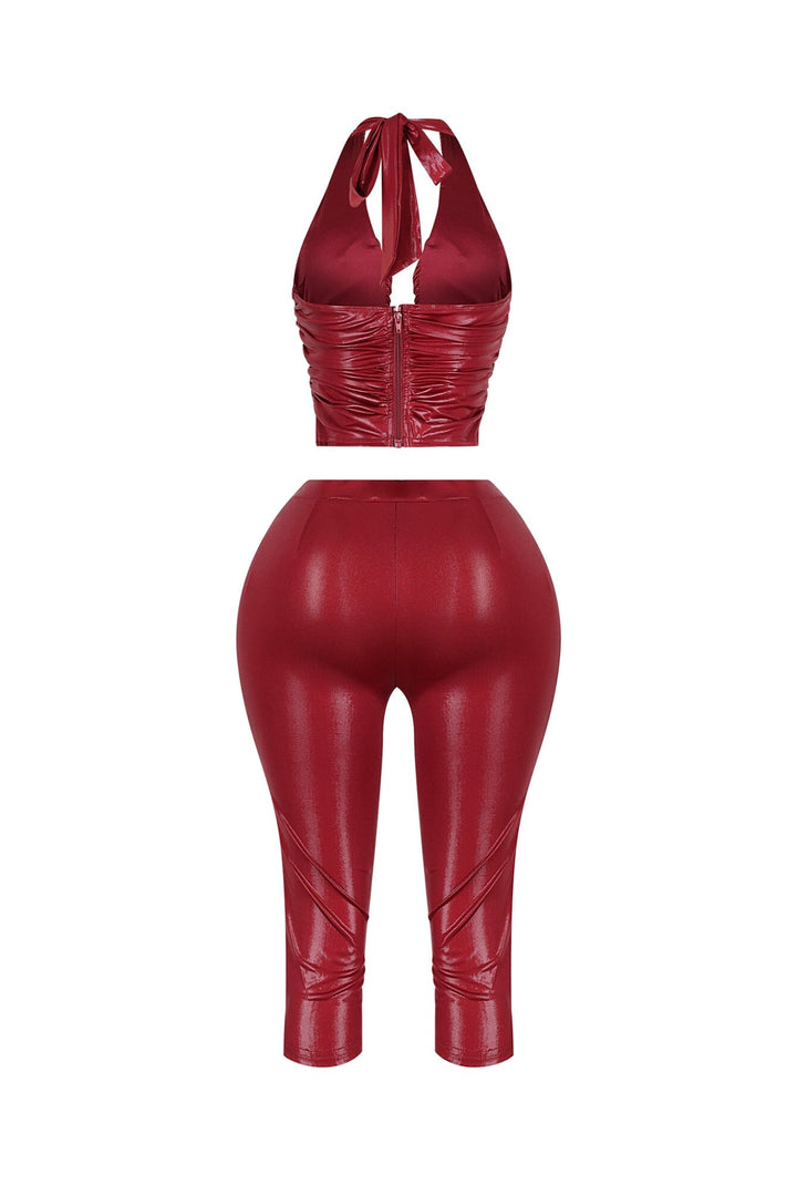 EDGE — burgundy faux leather U cut halter and capri set, back view flat lay