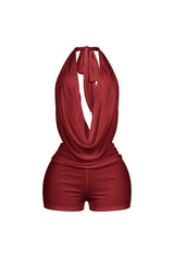 EDGE — burgundy mesh cowl neck halter romper, front view flat lay