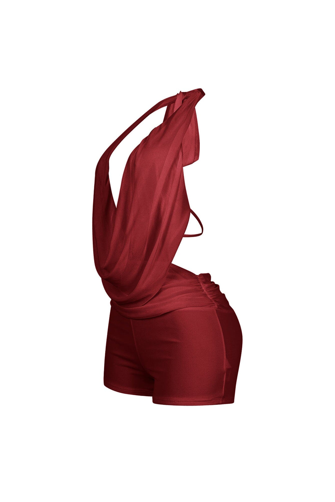 EDGE — burgundy mesh cowl neck halter romper, side view flat lay