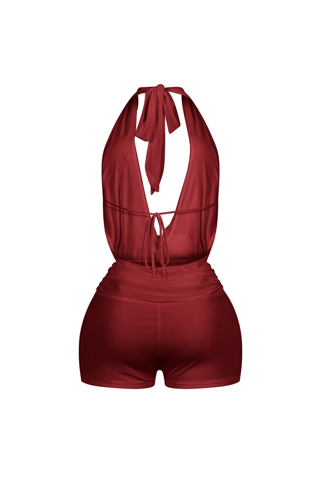 EDGE — burgundy mesh cowl neck halter romper, back view flat lay