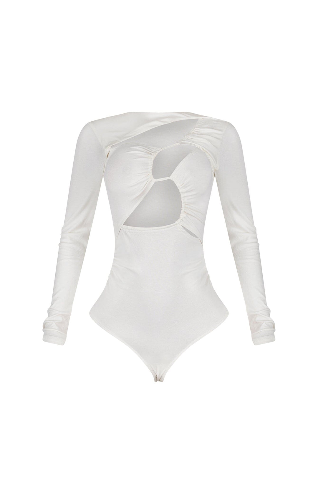 Fitted long sleeve bodysuit featuring intricate multi cutout detail at front
