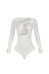 Fitted long sleeve bodysuit featuring intricate multi cutout detail at front