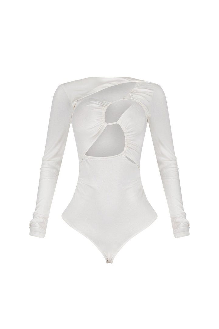 Fitted long sleeve bodysuit featuring intricate multi cutout detail at front