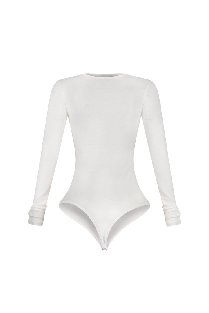 Fitted long sleeve bodysuit featuring intricate multi cutout detail at front
