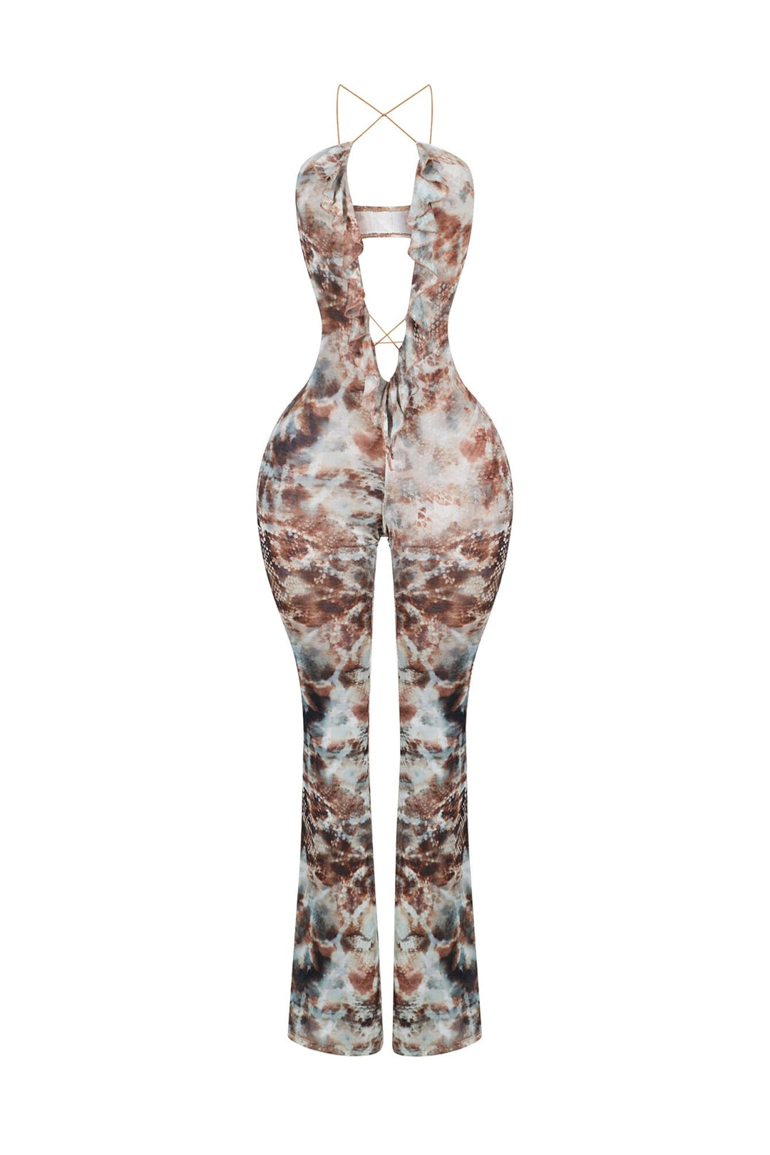 Mesh sleeveless jumpsuit with deep plunging front featuring keyhole chest with cascading ruffle trim detail