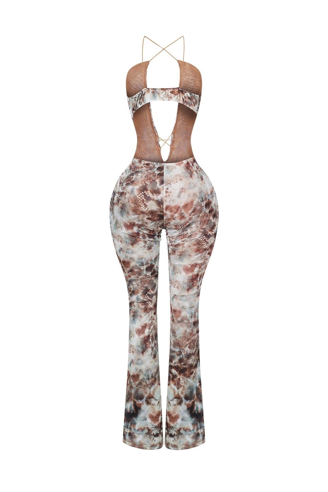 Mesh sleeveless jumpsuit with deep plunging front featuring keyhole chest with cascading ruffle trim detail