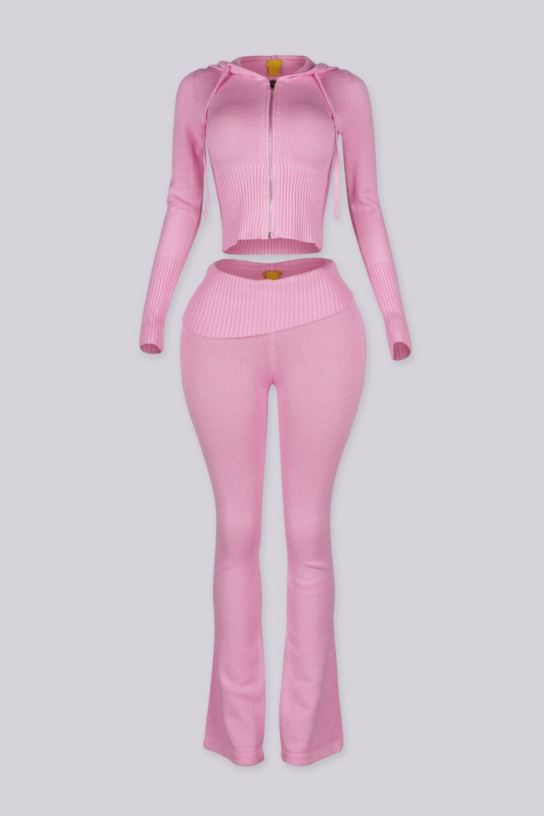 Cropped zip up knit hoodie with a drawstring hood featuring elongated slim sleeves and waist