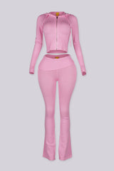 Cropped zip up knit hoodie with a drawstring hood featuring elongated slim sleeves and waist