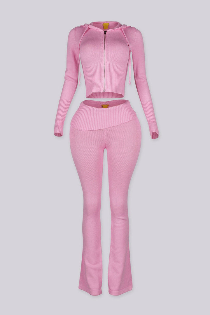 Cropped zip up knit hoodie with a drawstring hood featuring elongated slim sleeves and waist