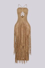 Crochet maxi dress featuring front cutout detail and fringe overlay