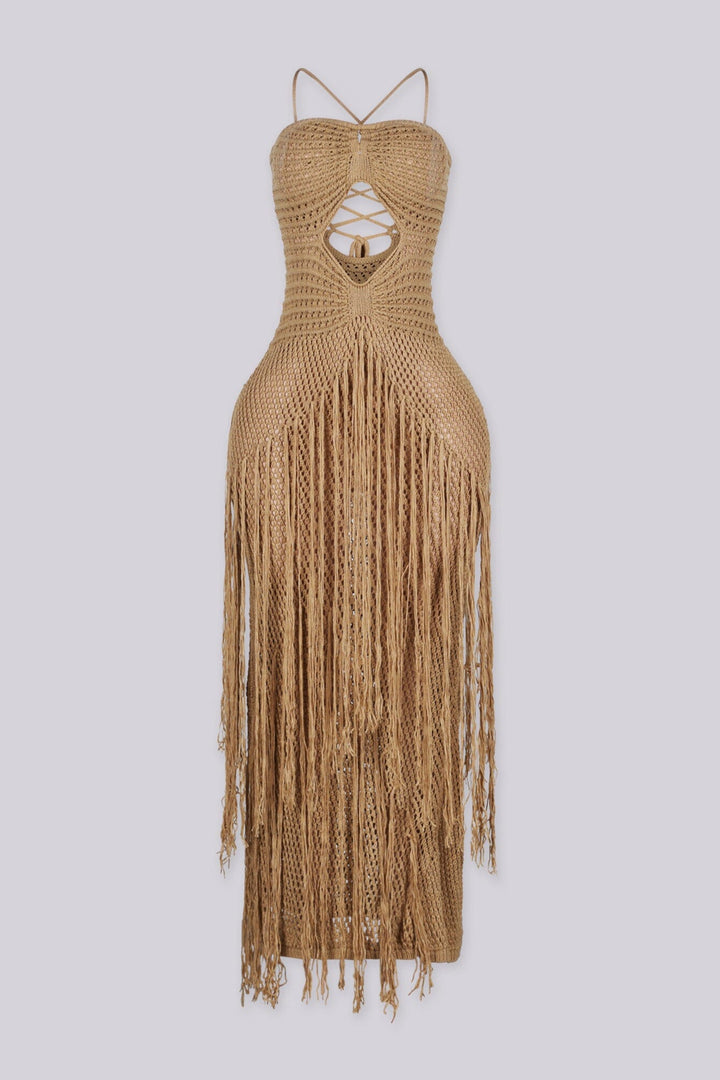 Crochet maxi dress featuring front cutout detail and fringe overlay