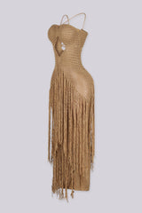 Crochet maxi dress featuring front cutout detail and fringe overlay