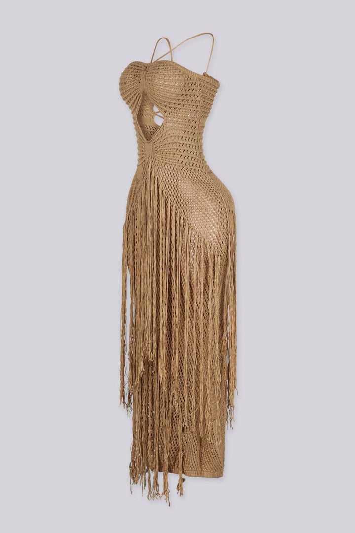 Crochet maxi dress featuring front cutout detail and fringe overlay