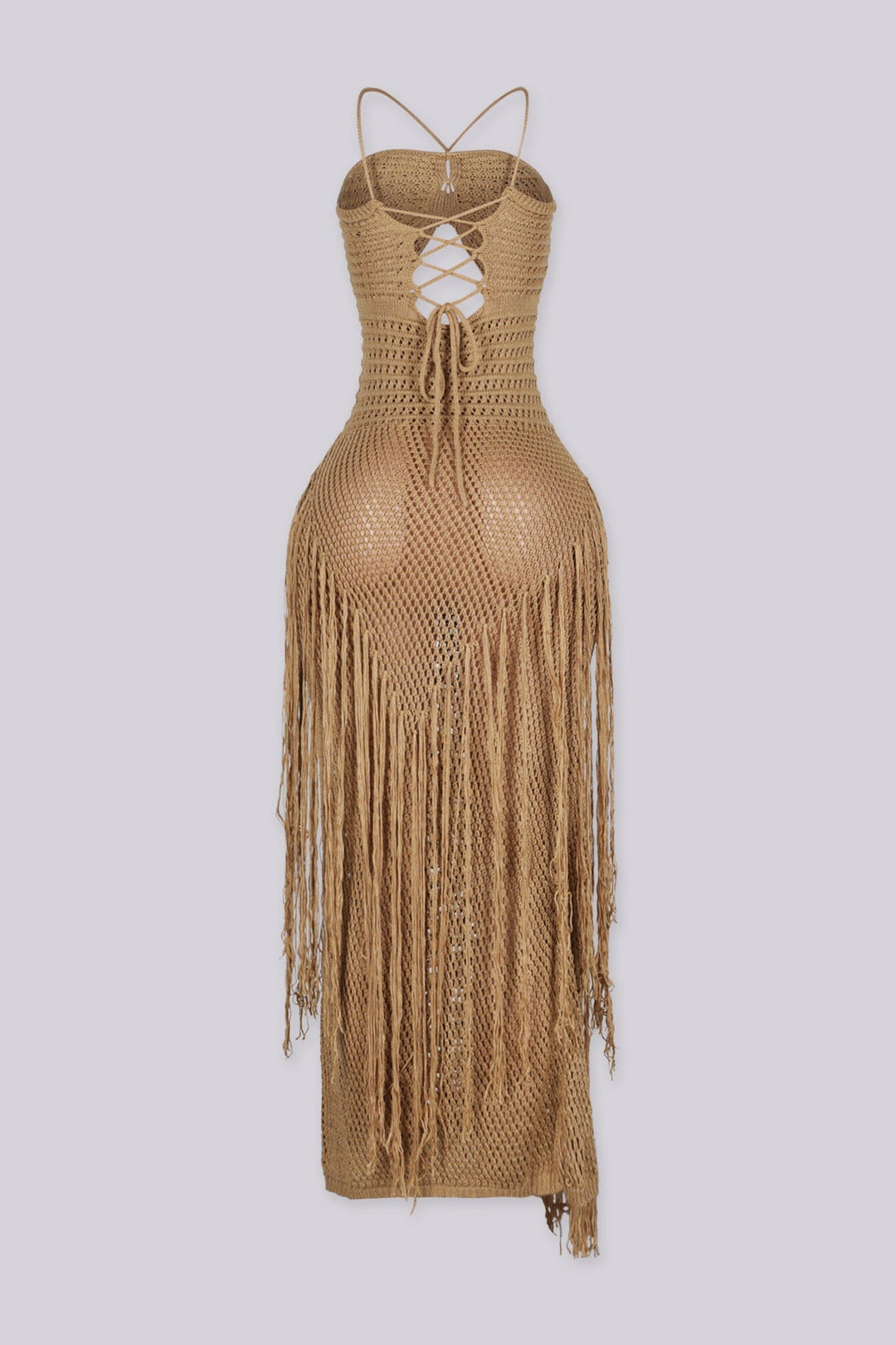 Crochet maxi dress featuring front cutout detail and fringe overlay