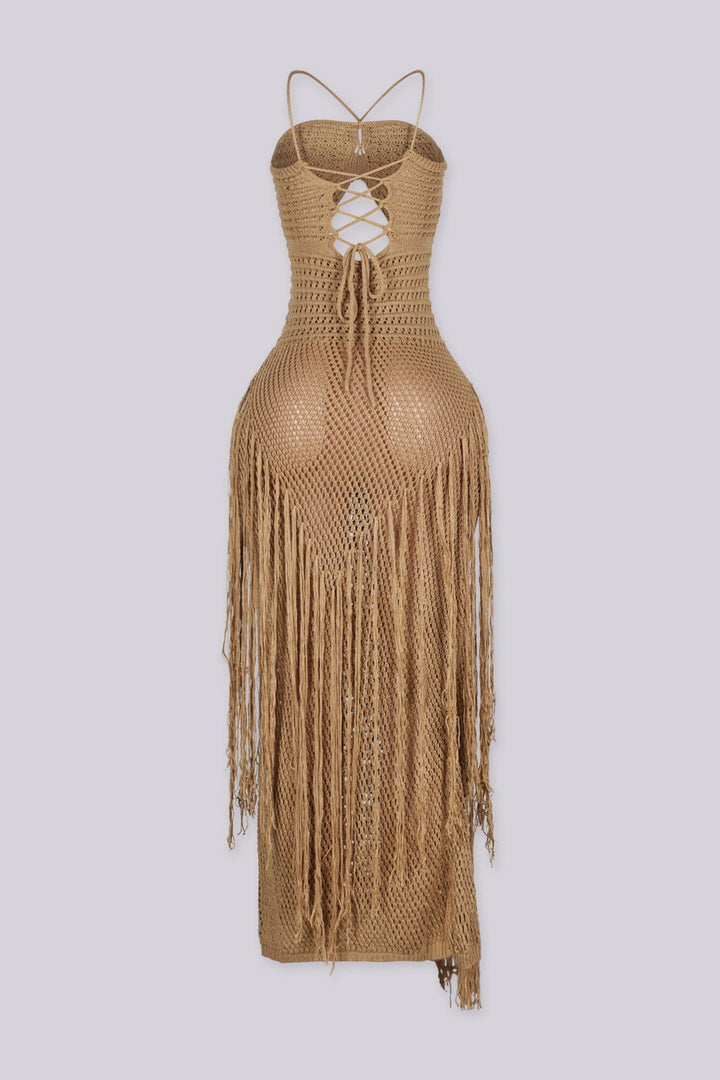 Crochet maxi dress featuring front cutout detail and fringe overlay
