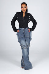 Cropped cable knit cardigan with a mock collar featuring epaulet shoulder detail and crest button trim