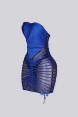 Fitted tube mini dress with a sweetheart bodice featuring radiating fan like strips detailing at center front seam