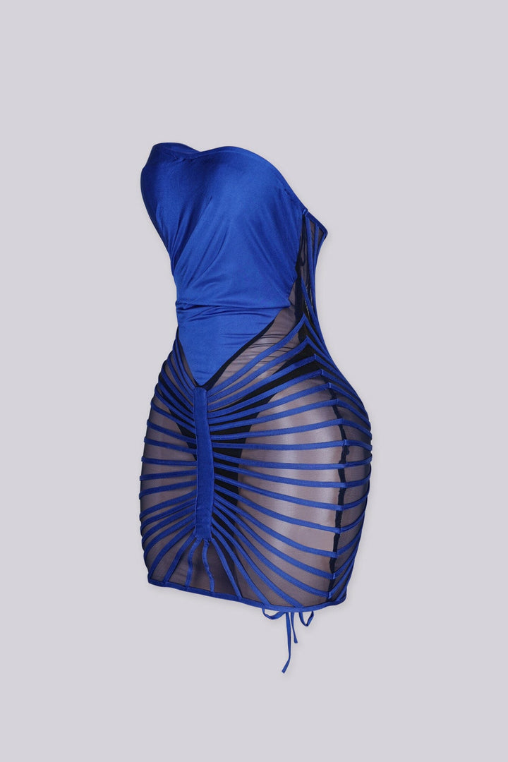 Fitted tube mini dress with a sweetheart bodice featuring radiating fan like strips detailing at center front seam