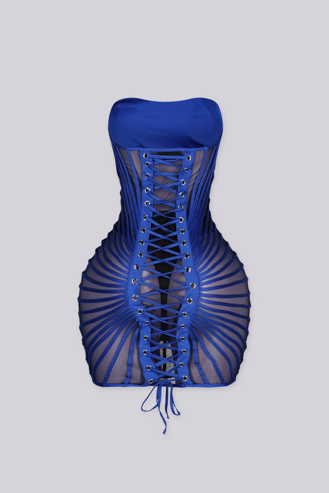 Fitted tube mini dress with a sweetheart bodice featuring radiating fan like strips detailing at center front seam