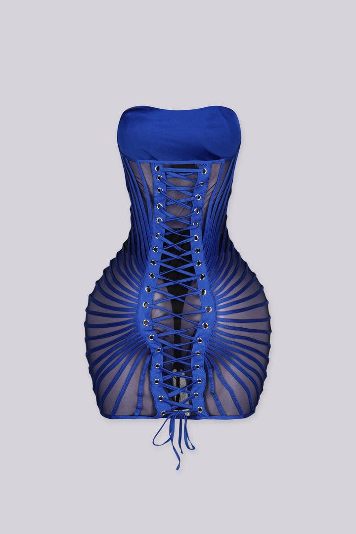 Fitted tube mini dress with a sweetheart bodice featuring radiating fan like strips detailing at center front seam
