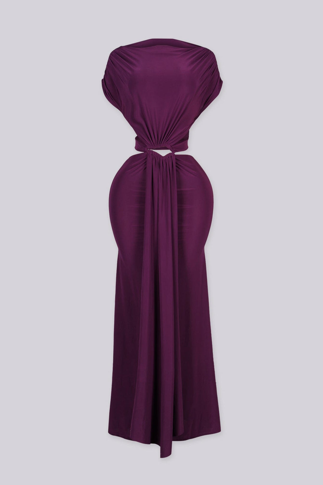Cap sleeve fitted maxi dress with boat neckline and gathered draped bodice
