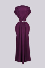 Cap sleeve fitted maxi dress with boat neckline and gathered draped bodice