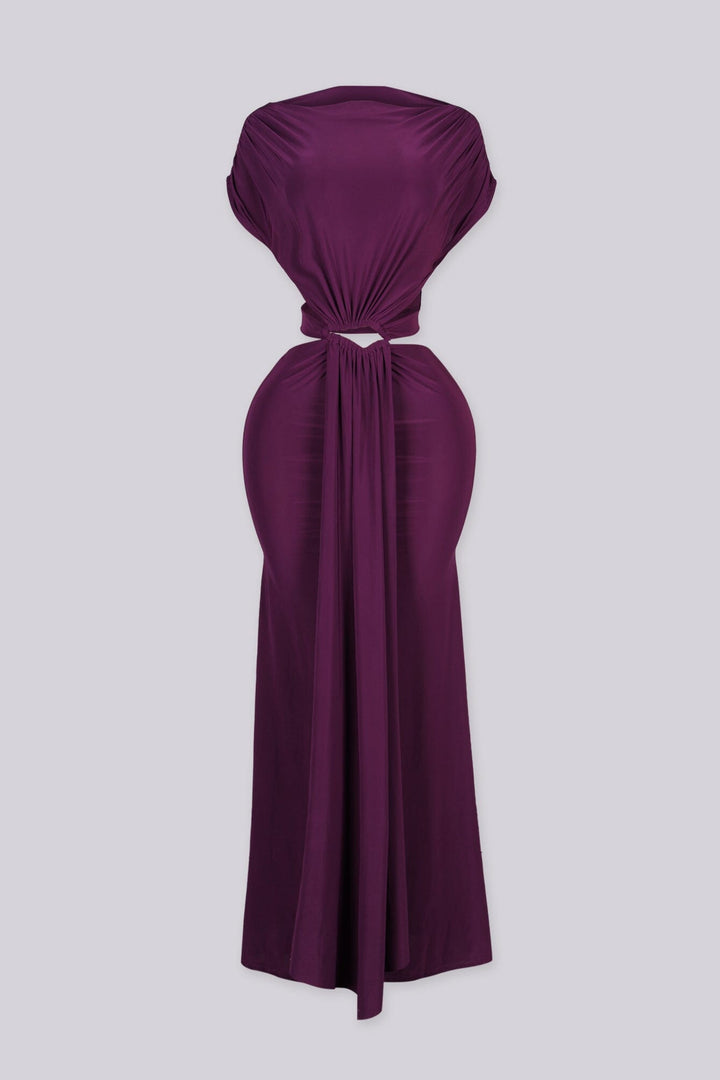 Cap sleeve fitted maxi dress with boat neckline and gathered draped bodice