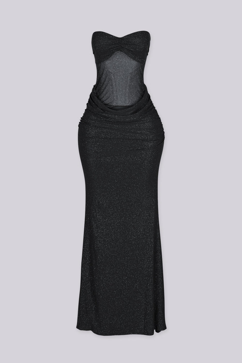 Fitted tube top maxi dress with ruched sweetheart neckline featuring shimmer glitter throughout